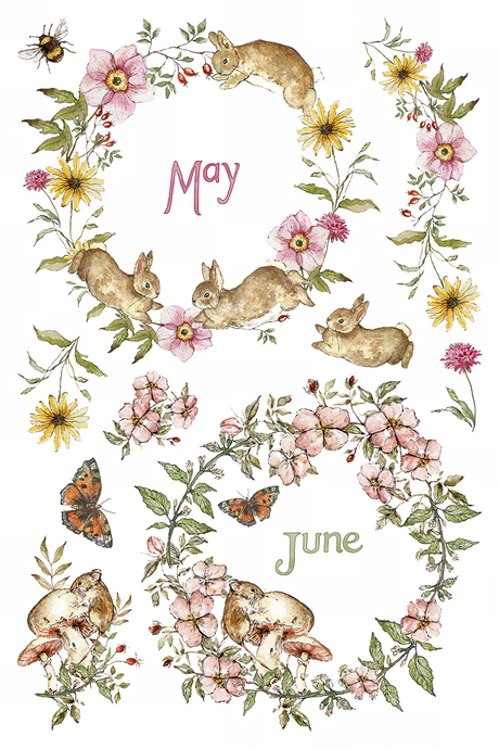 The Bramblewood Diaries transfer by I.O.D. featuring floral wreaths, rabbits, and fawns.