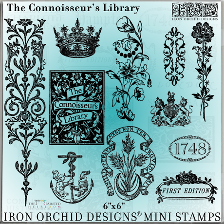 The Connoisseur’s Library Mini Stamp by I.O.D. featuring vintage book, floral, and crown motifs.