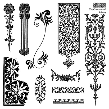 The Connoisseur’s Library Mini Stamp by I.O.D. featuring nine black vintage motifs for decor projects.