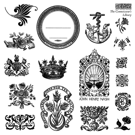 The Connoisseur’s Library Mini Stamp by IOD featuring classic literary motifs.