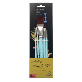 The Creative Collective Artist Brush Set by DIY Paint Co., 5 light blue brushes in black and gold packaging.