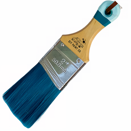 The Feather 2″ paintbrush by DIY Paint Co. with ultra soft blue bristles, wood handle, and metal ferrule.