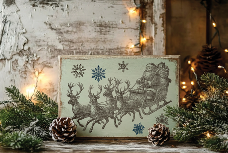 I.O.D. The North Pole Co. (2026 Ltd Release) Santa & reindeer print with pinecones and lights nearby.