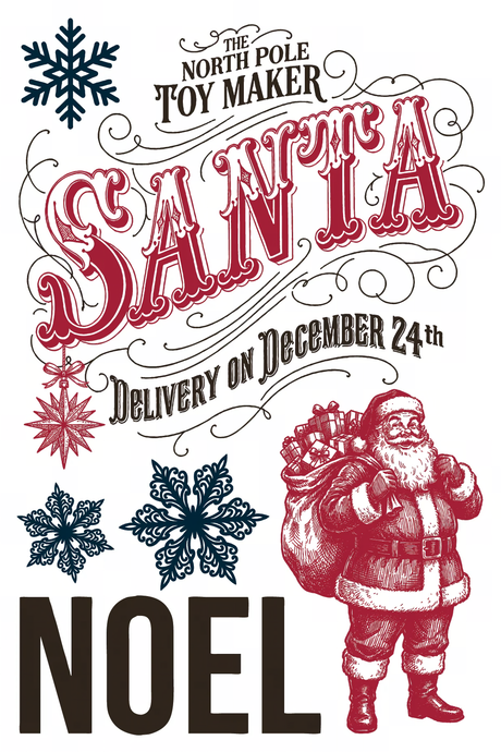 Santa with gifts, snowflakes, The North Pole Co. 2026 Paint Inlay by I.O.D., Santa Delivery Dec 24th, Noel text.