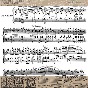 The Waltz Stamp by IOD with vintage sheet music, tempo marks, and decorative borders by Iron Orchid Designs.