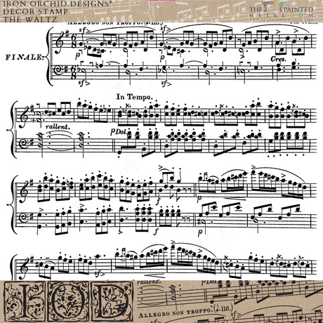 The Waltz Stamp by IOD with vintage sheet music, tempo marks, and decorative borders by Iron Orchid Designs.