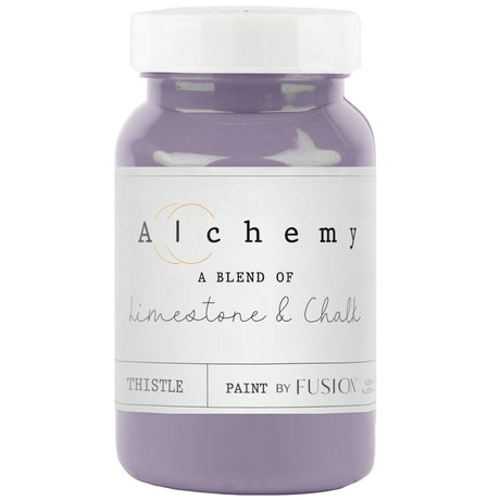 Jar of Fusion Mineral Paint Thistle Alchemy, limestone and chalk-blend furniture paint.