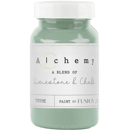 Green jar of Thyme Alchemy Paint by Fusion Mineral Paint, chalk-style with limestone and chalk blend.