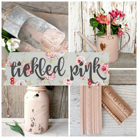 Collage of vintage items painted Tickled Pink by Old Fashioned Milk Paint, with florals and “tickled pink” text.
