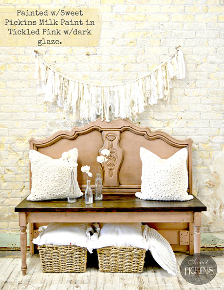 Bench painted Tickled Pink – Sweet Pickins Milk Paint by Old Fashioned Milk Paint against a brick wall.