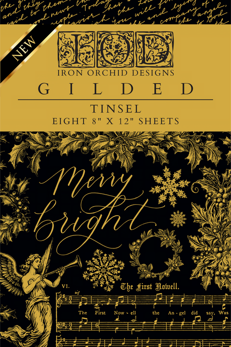 IOD 2024 Tinsel Gilded Transfer by Iron Orchid Designs with gold holiday motifs and sheet music.