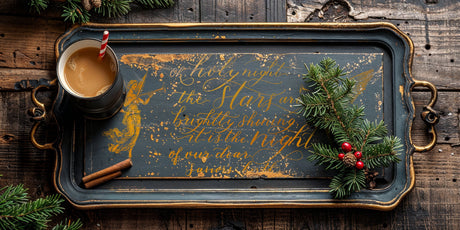 Tray with festive greenery, coffee, and O Holy Night lyrics in gold using I.O.D. Tinsel Gilded Transfer.
