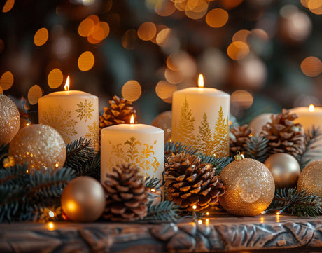 Four candles, pinecones, gold ornaments, and I.O.D. Tinsel Gilded Transfer displayed together.