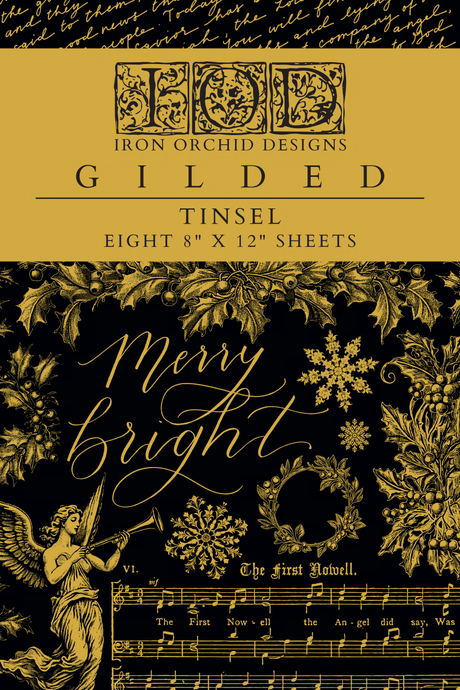 Tinsel Gilded Transfer 2024 by I.O.D., pack of 8 gold sheets with Merry, angels, and music holiday designs.