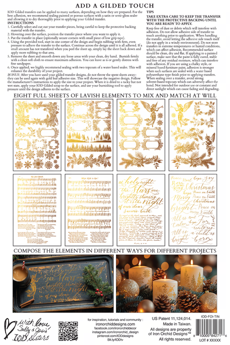 Eight I.O.D. Tinsel Gilded Transfer sheets, 2024 Limited Release, with ornate frame and botanical designs.