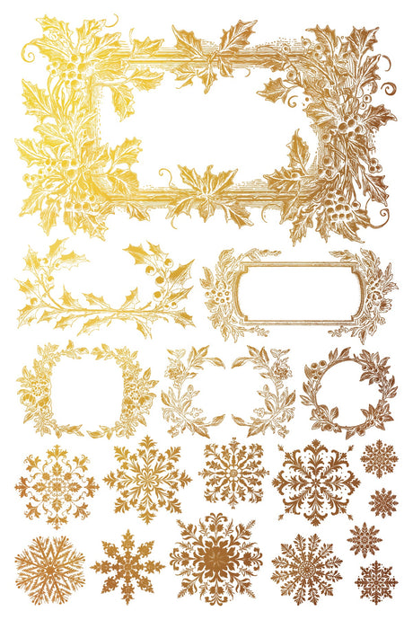 IOD 2024 Tinsel Gilded Transfer with gold frames, holly wreaths, and snowflake motifs.