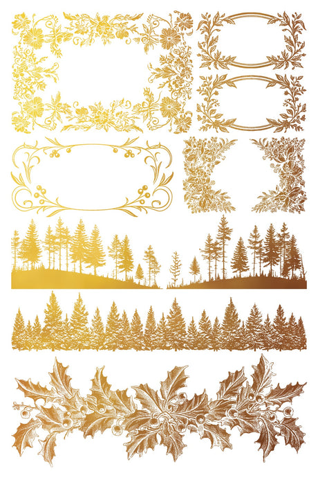 Tinsel Gilded Transfer by I.O.D. featuring gold frames, florals, and holly; limited 2024 release.