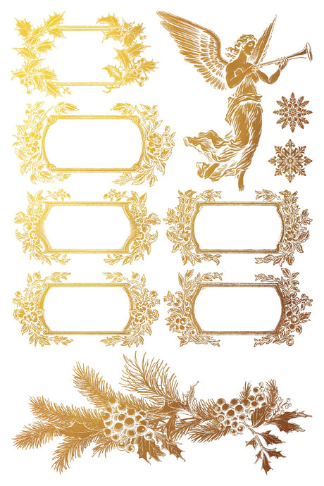 Gold vintage Christmas label frames, angel with trumpet, and I.O.D. Tinsel Gilded Transfer (2024) set.
