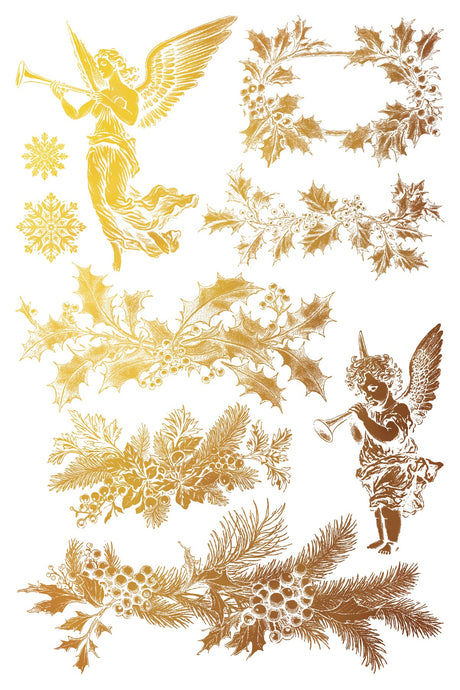 I.O.D. Tinsel Gilded Transfer (2024) featuring gold angels, holly, and snowflakes for festive decorating.