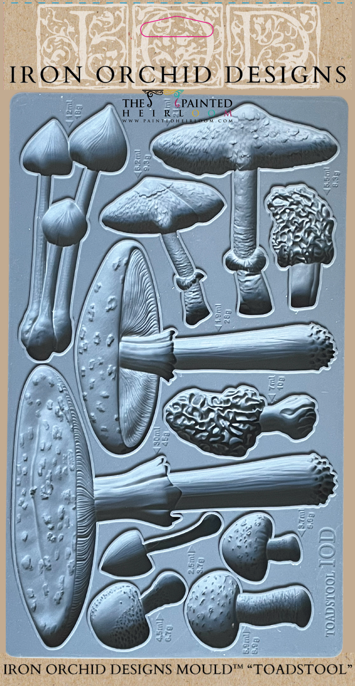 I.O.D. Toadstool Mould by Iron Orchid Designs with assorted sizes of silicone mushroom and toadstool shapes.