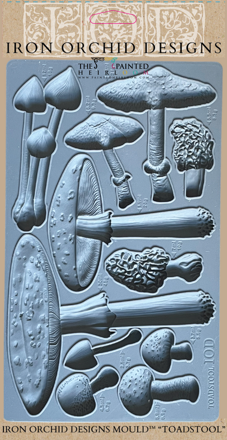 I.O.D. Toadstool Mould by Iron Orchid Designs with assorted sizes of silicone mushroom and toadstool shapes.
