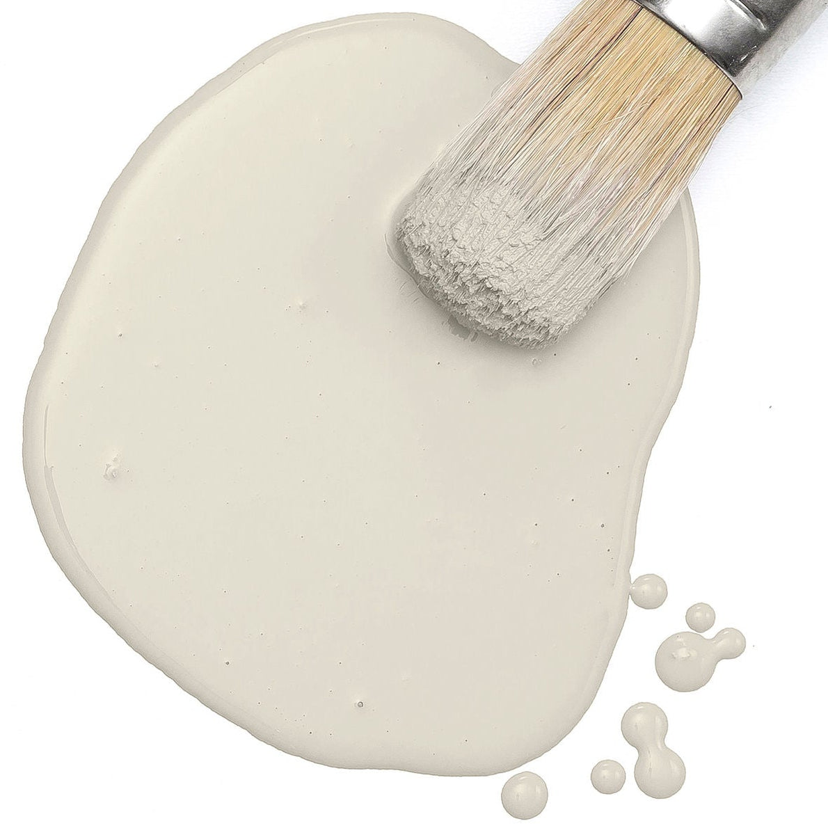 Paintbrush on a puddle of Toasted Coconut Paint by Fusion Mineral Paint, shown against a white background.