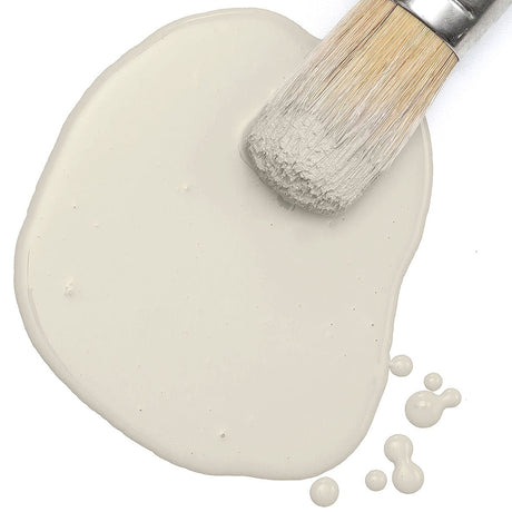Paintbrush on a puddle of Toasted Coconut Paint by Fusion Mineral Paint, shown against a white background.