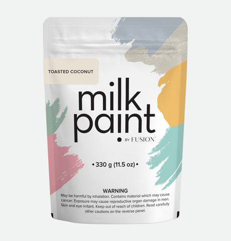 Fusion Mineral Paint Toasted Coconut 330g pouch with pastel brushstroke design and natural ingredients warning.