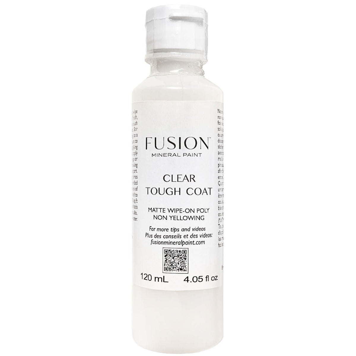 Fusion Mineral Paint Tough Coat Matte, 120 mL clear water-based sealer with white cap and black label text.