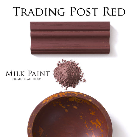 Homestead House Trading Post Red Milk Paint, loose reddish-brown powder for decor projects, shown in product packaging.