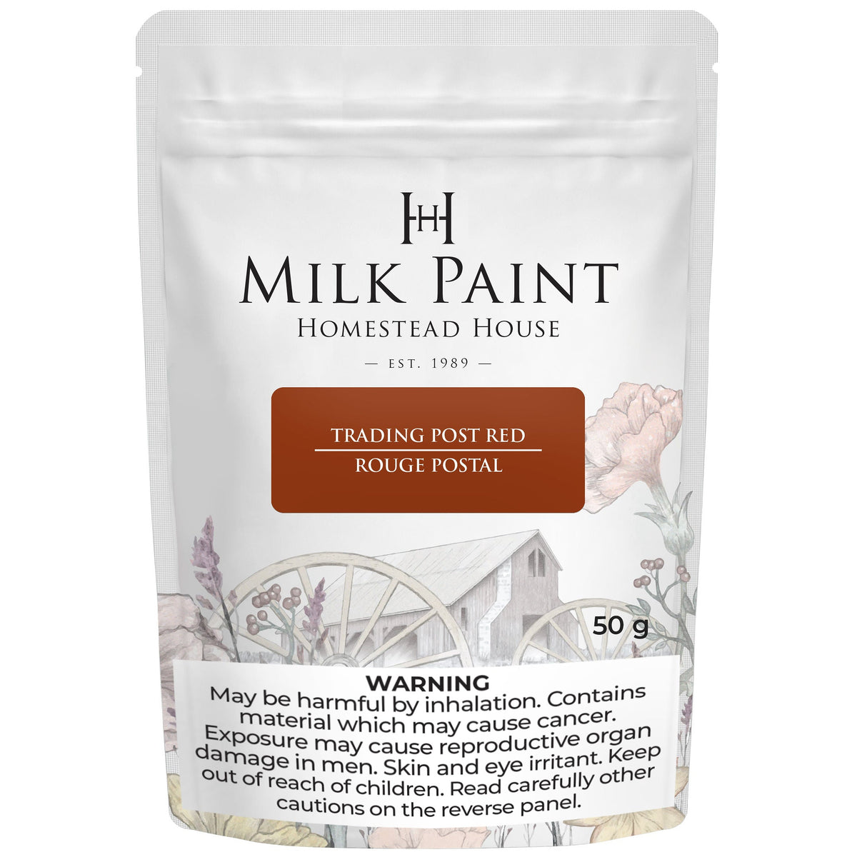 50g pouch of Trading Post Red Milk Paint by Homestead House with a warning label at the bottom.