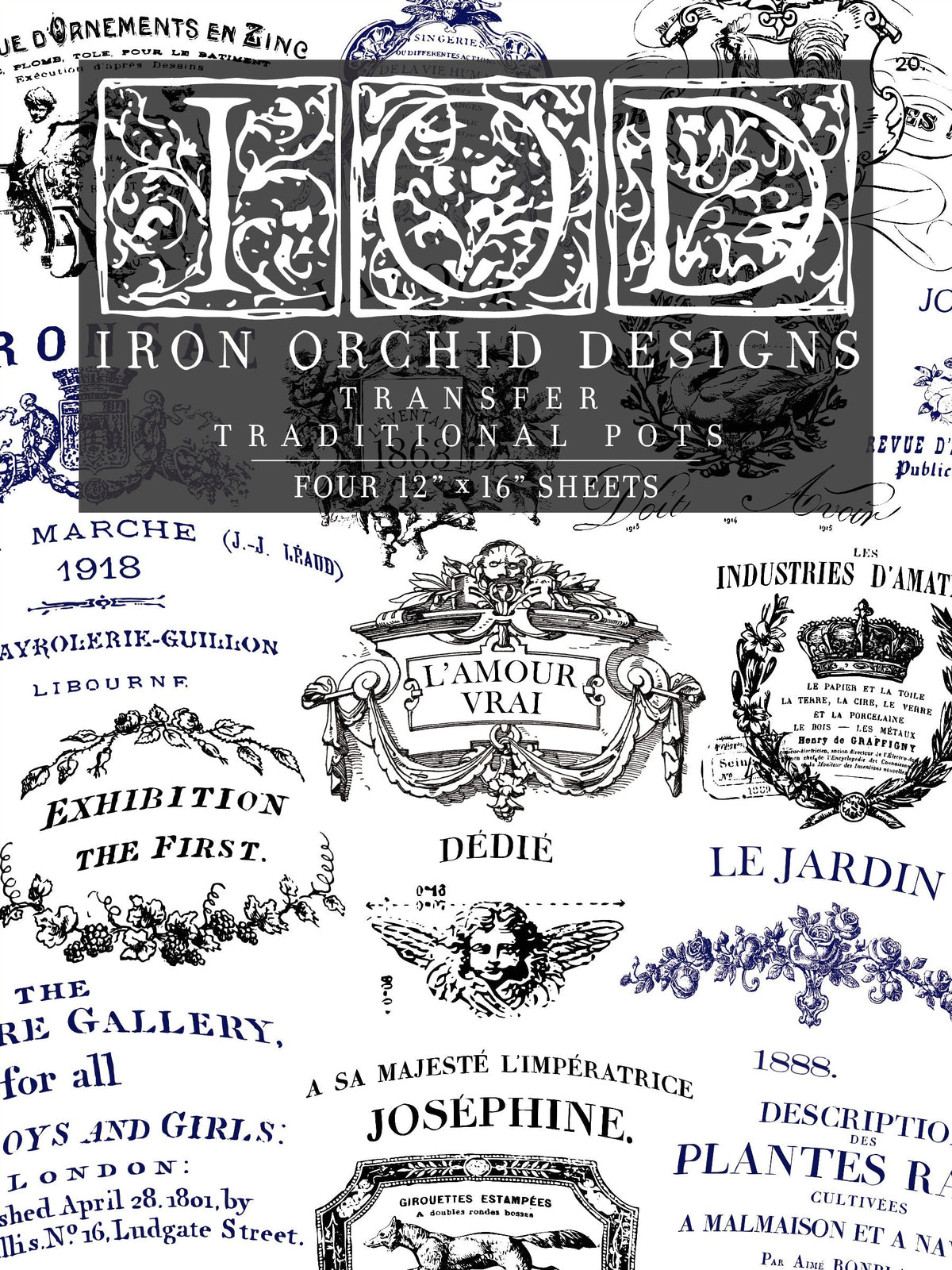 Traditional Pots Decor Transfer by I.O.D. with ornate rub-on designs, vintage French text, and floral graphics.