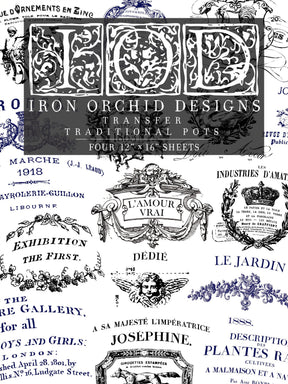 Traditional Pots Decor Transfer by I.O.D. with ornate rub-on designs, vintage French text, and floral graphics.