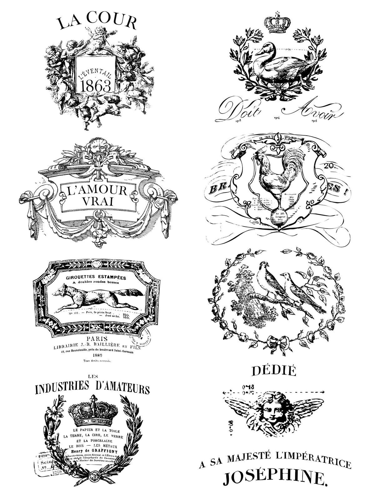 Set of eight vintage-style French labels for I.O.D. Traditional Pots Decor Transfer by Iron Orchid Designs.