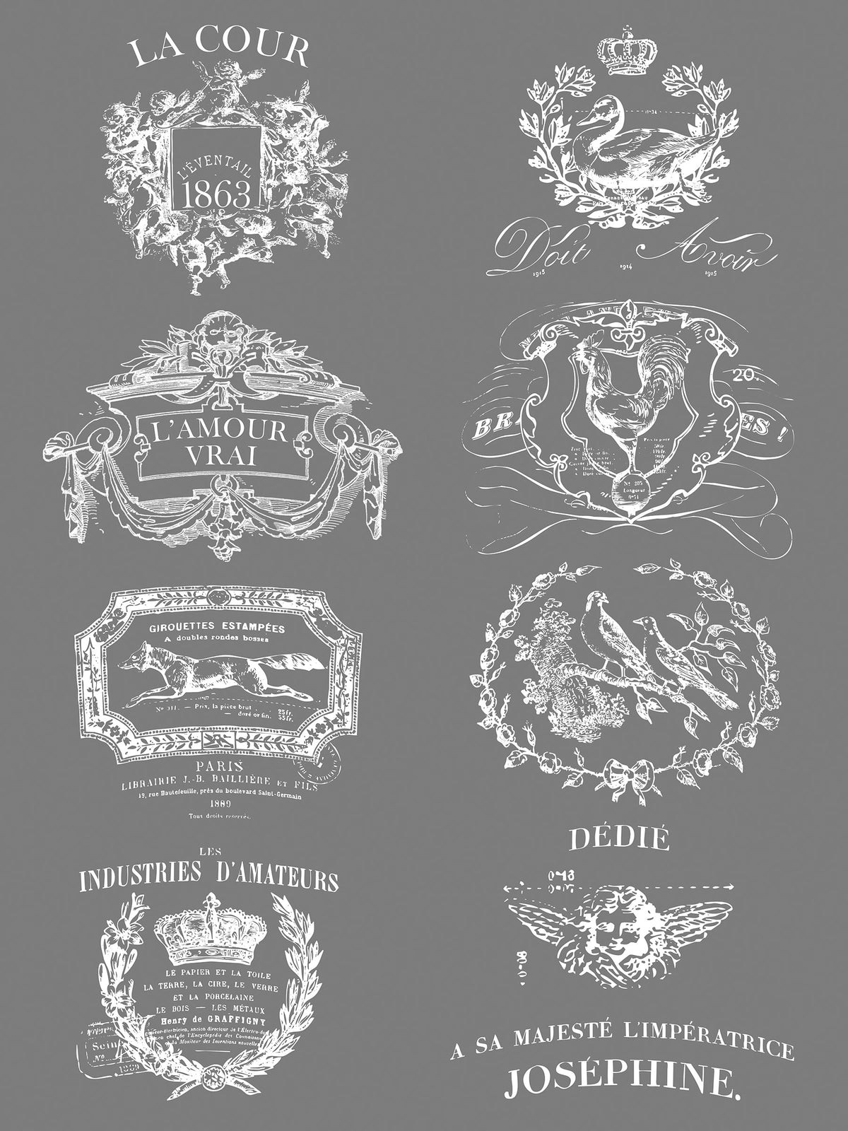 Eight ornate emblems from I.O.D. Traditional Pots Decor Transfer set, arranged against a gray background.