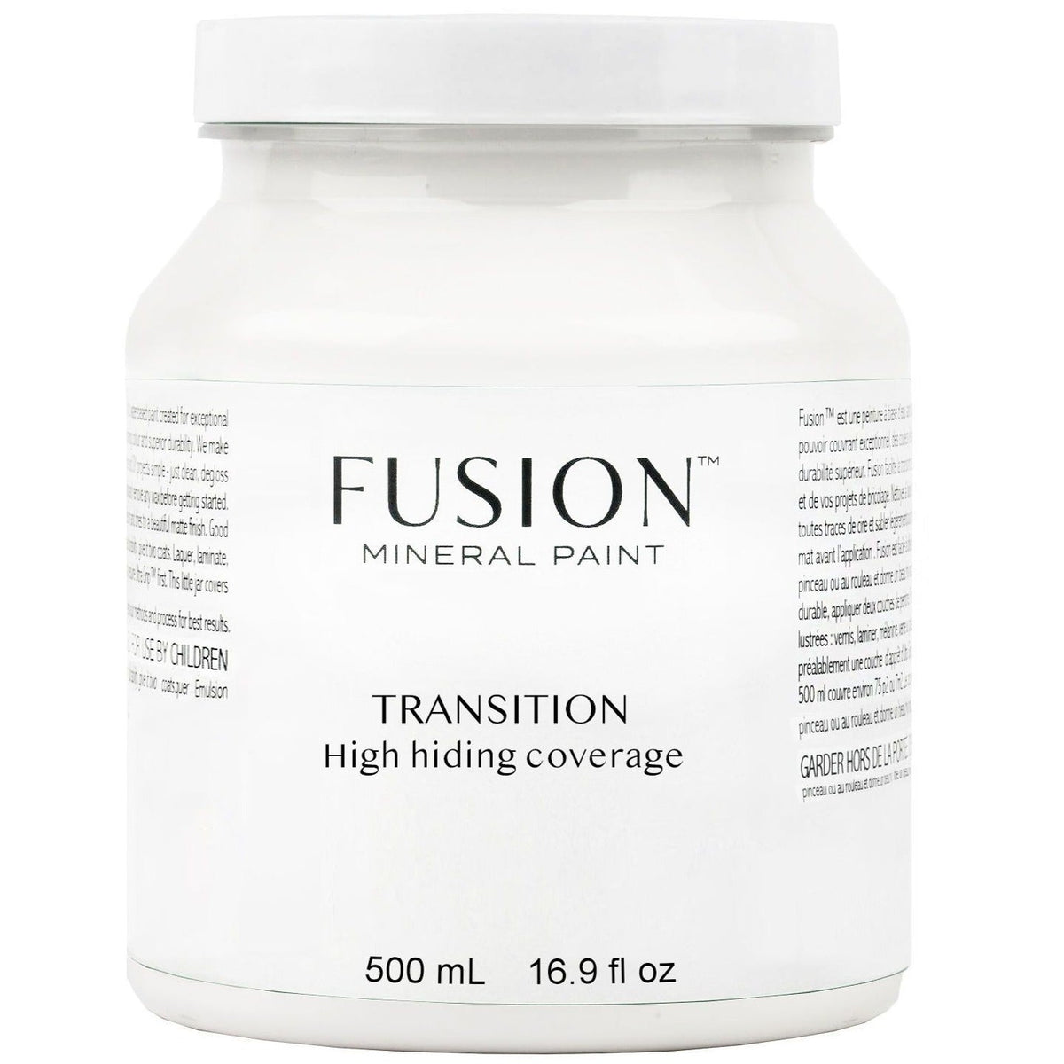 Fusion Mineral Paint Transition, white 500mL jar with high-hiding recycled pigment formula.