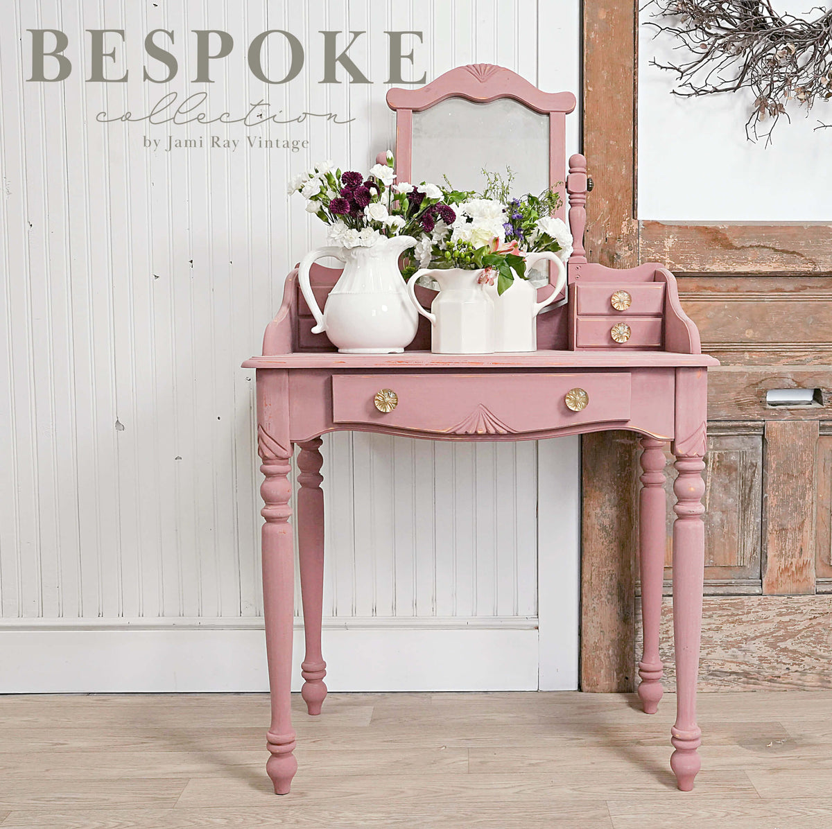 Pink vintage vanity in Trellis Rose–Sweet Pickins Milk Paint by Old Fashioned Milk Paint.