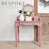 Pink vintage vanity in Trellis Rose–Sweet Pickins Milk Paint by Old Fashioned Milk Paint.