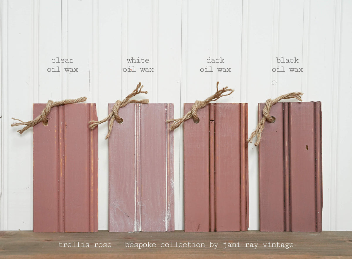 Four Trellis Rose Sweet Pickins Milk Paint wood samples by Old Fashioned Milk Paint, bundled with twine.
