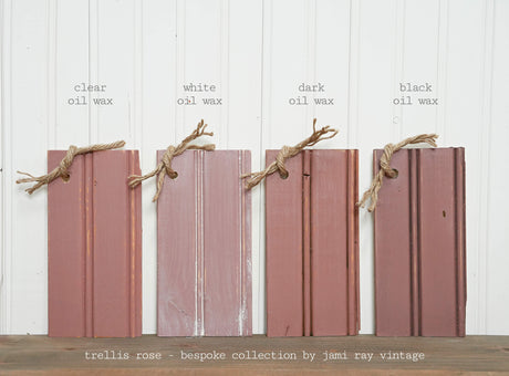 Four Trellis Rose Sweet Pickins Milk Paint wood samples by Old Fashioned Milk Paint, bundled with twine.