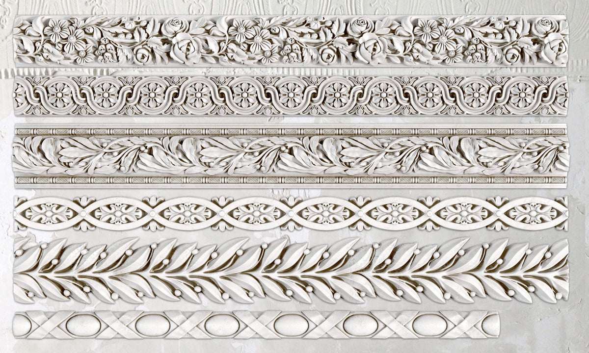 Six Trimmings 1 Mould by IOD with floral and geometric plaster reliefs on a white background. Brand: I.O.D.