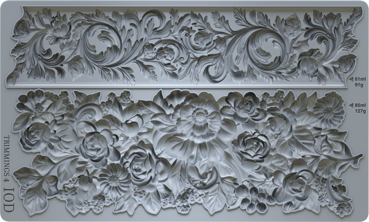 Two grey floral relief designs for I.O.D. Trimmings 4 Mould by Iron Orchid Designs Silicone Decor Mold.