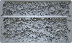Two grey floral relief designs for I.O.D. Trimmings 4 Mould by Iron Orchid Designs Silicone Decor Mold.