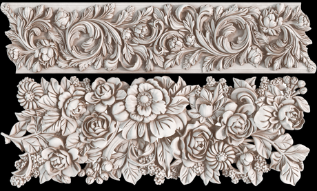 Two panels with swirling leaves and roses, created using I.O.D. Trimmings 4 Mould by Iron Orchid Designs.