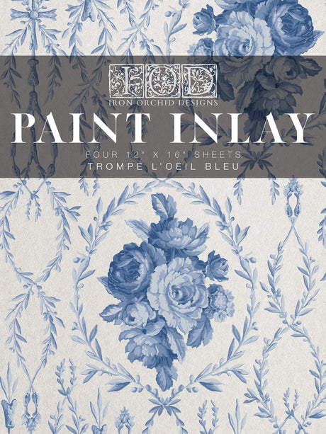 Trompe L’oeil Bleu Paint Inlay by IOD with blue floral design, suitable for upcycling projects.