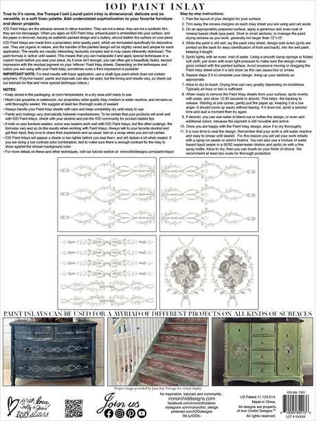 Trompe L’oeil Laurel Paint Inlay by I.O.D., designed for reuse on flat-painted furniture; seal and store dry after use.