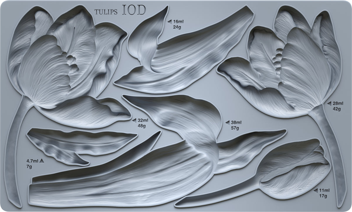 Tulips Mould by IOD, gray; six tulip shapes labeled by weight/volume, top design features I.O.D. branding.
