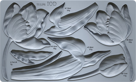 Tulips Mould by IOD, gray; six tulip shapes labeled by weight/volume, top design features I.O.D. branding.