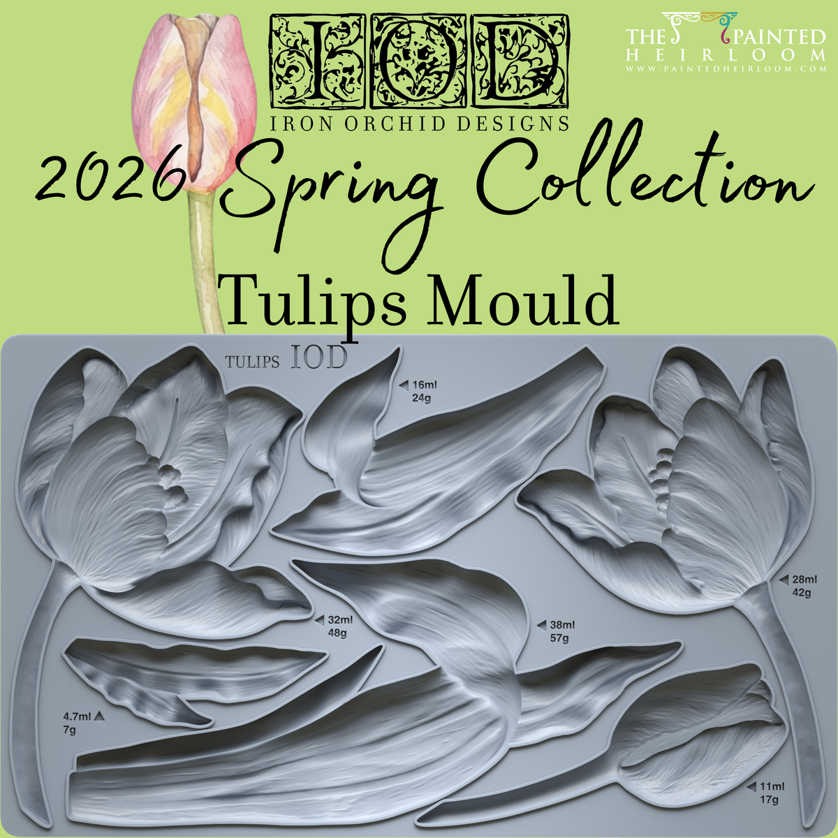 Tulips Mould by IOD, a tray featuring multiple tulip-shaped cavities for creative crafting projects.