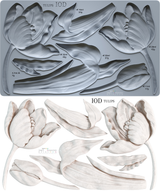 IOD Tulips Mould by Iron Orchid Designs, gray mould shown above white resin tulip castings, both labeled Tulips Mould.